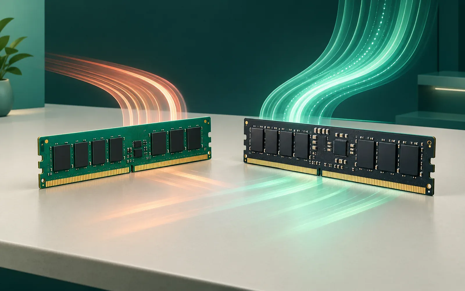 Conceptual DDR4 and DDR5 memory modules with warm and mint data streams; not tested products