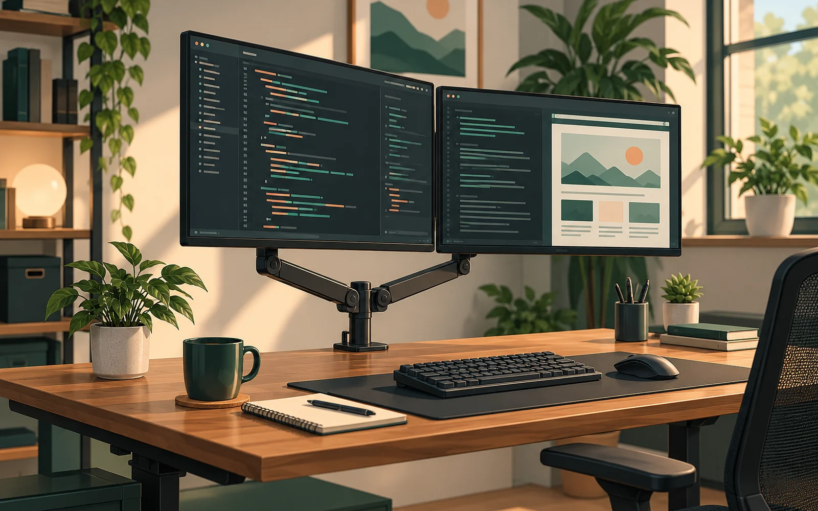 Illustrated programming desk with two screens held by adjustable monitor arms, showing code and a browser