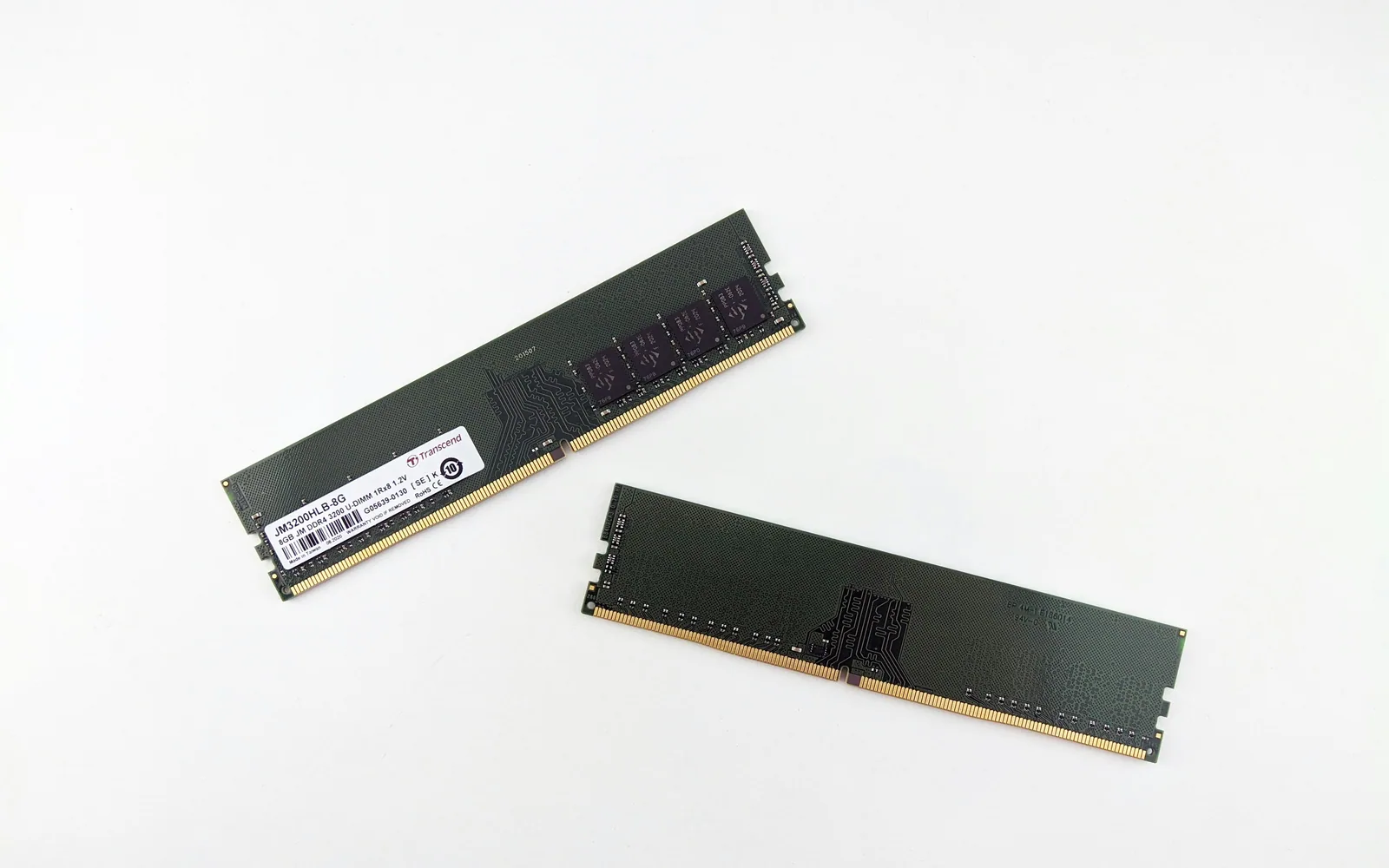 Two desktop computer memory modules on a white background