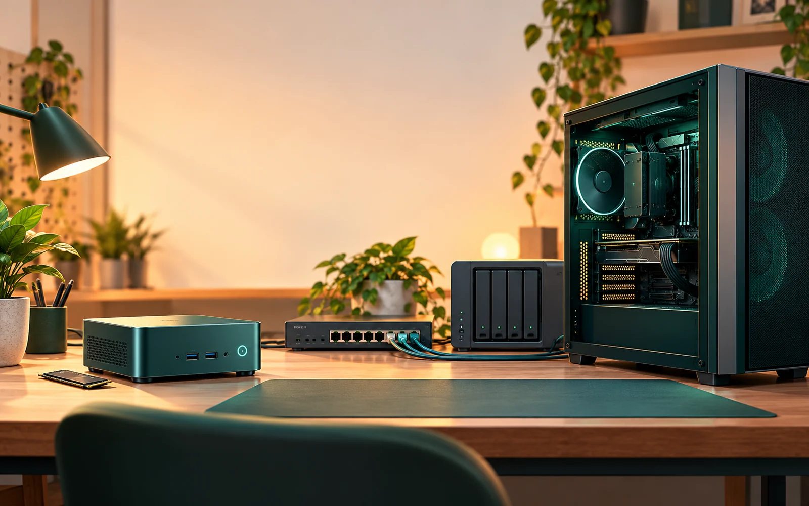 Illustration of a compact mini PC and an expandable desktop tower in a connected home-lab workspace