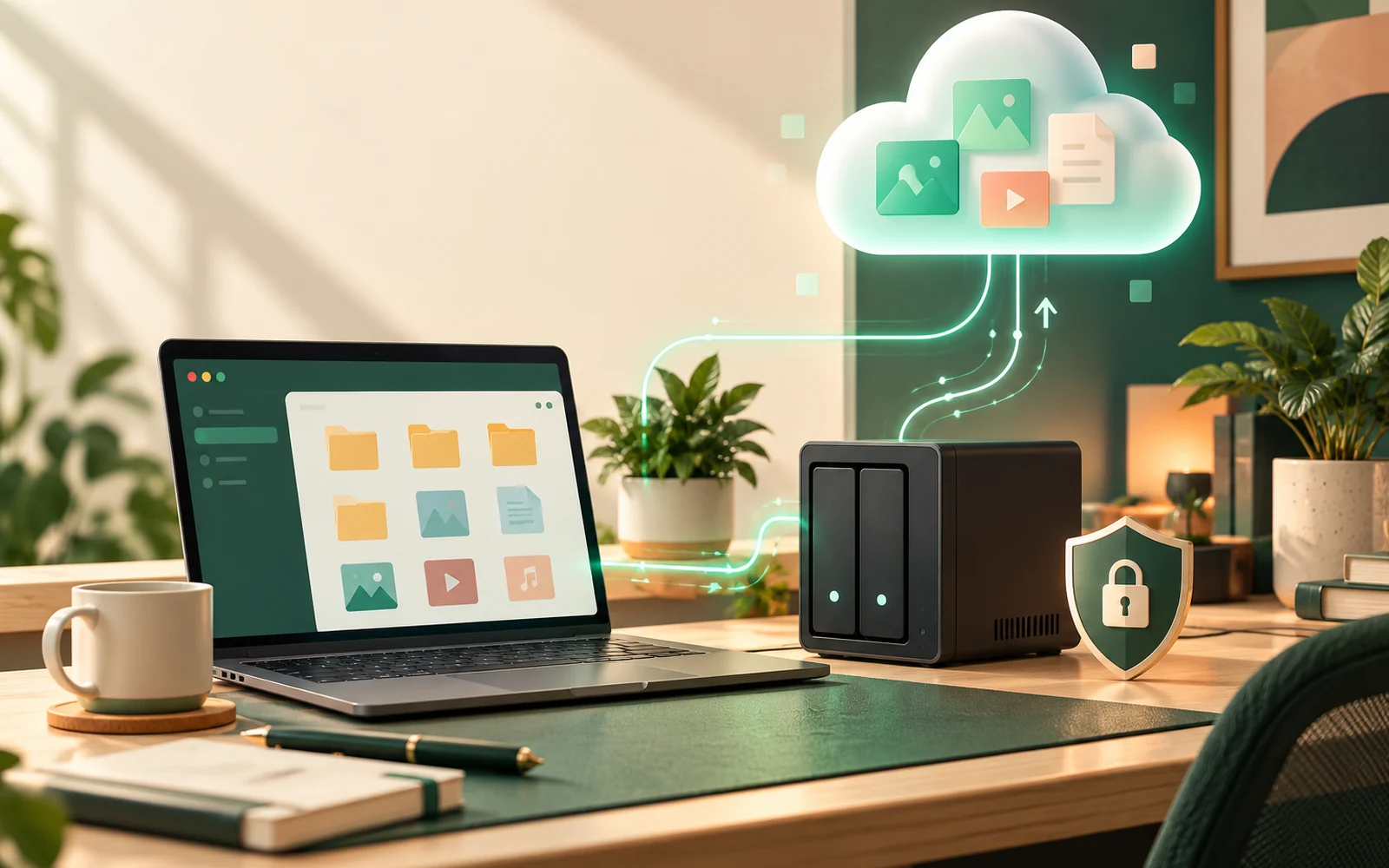 Illustrated home office with a laptop, a two-bay NAS device, and secure cloud storage connected by glowing network lines