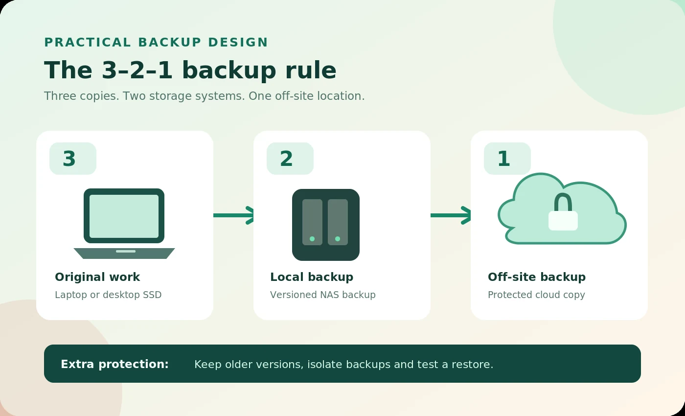 3-2-1 backup strategy: original work on computer, versioned copy on a local NAS, and a protected backup stored off-site.