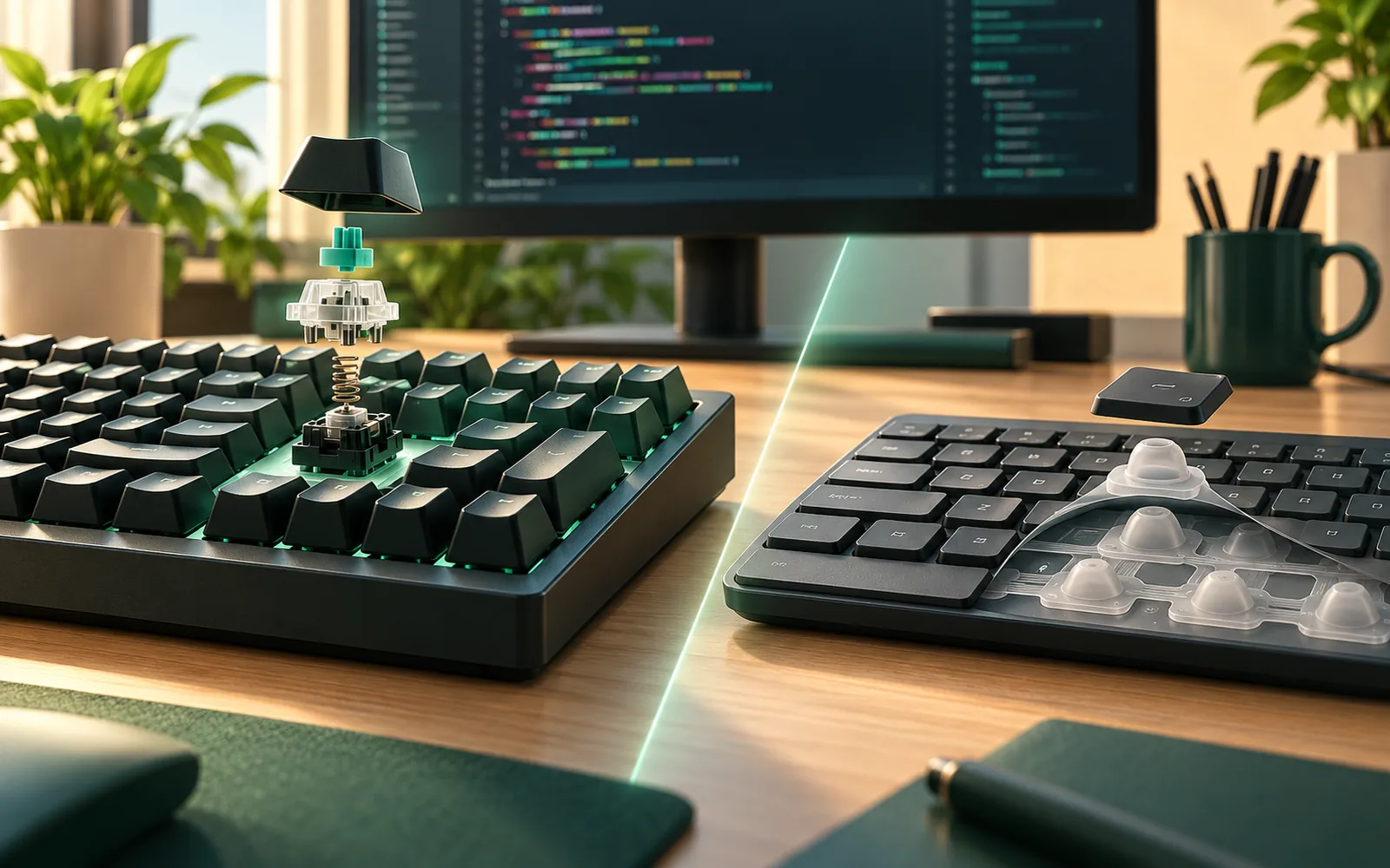 Illustrated comparison of a mechanical keyboard with an exposed spring switch and a low-profile rubber-dome membrane keyboard on a programmer's desk