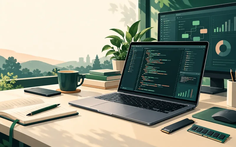Illustrated programming laptop on a tidy desk with external monitor, notebook, and computer components