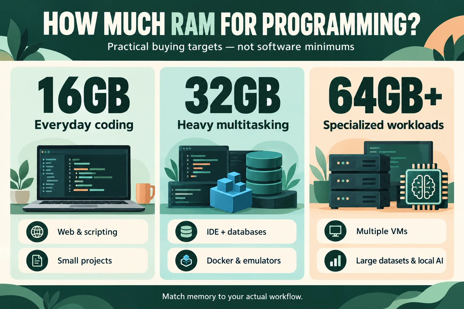 Infographic with 16GB for everyday coding, 32GB for heavy multitasking and 64GB or more for specialized workloads