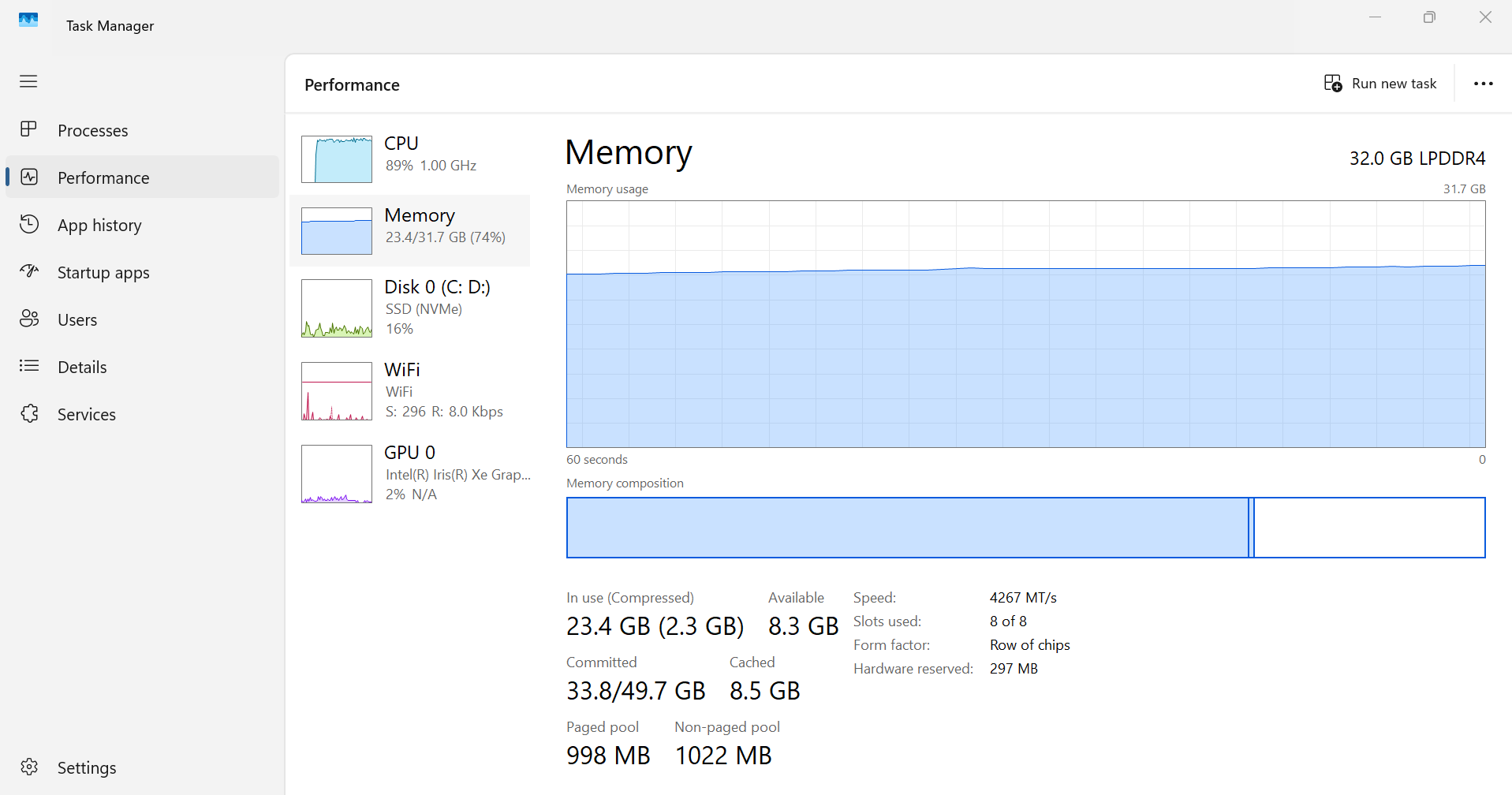 Windows Task Manager showing 23.4 GB of 31.7 GB memory in use during a normal development session