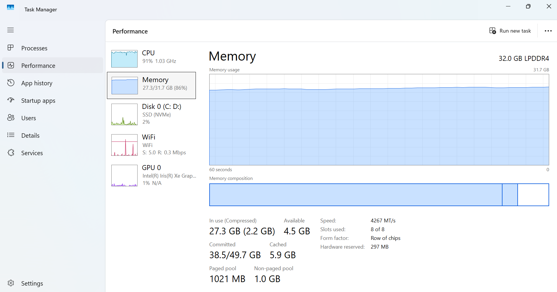 Windows Task Manager showing 27.3 GB of 31.7 GB memory in use during a Visual Studio rebuild