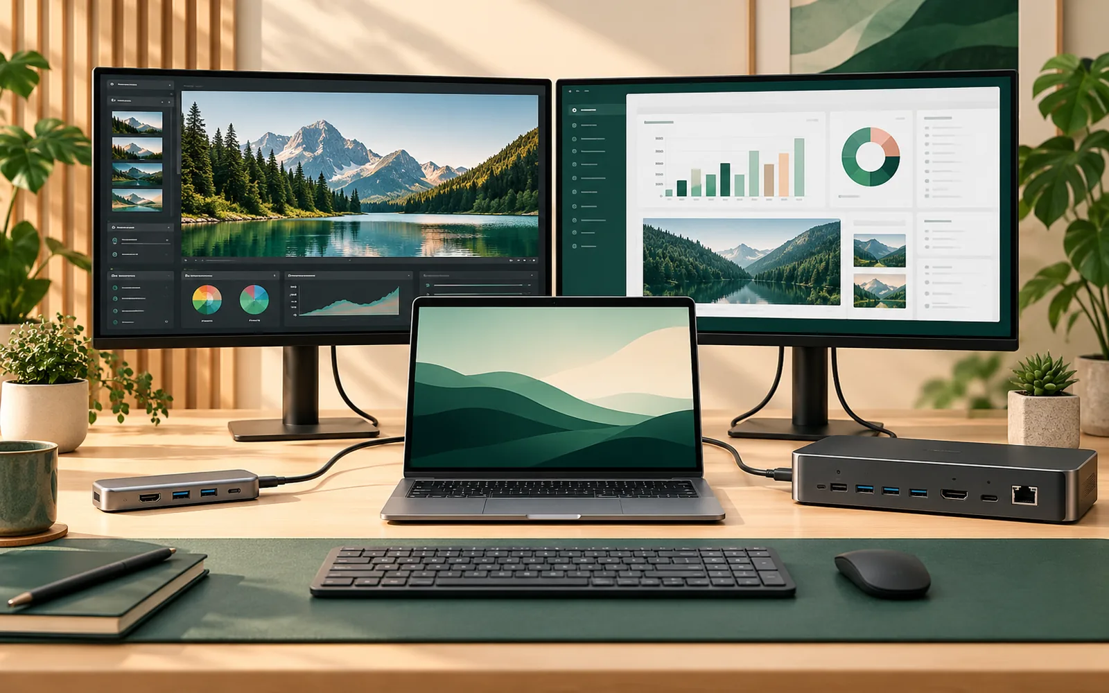 Conceptual laptop workstation with two monitors, a USB-C hub, and a docking station