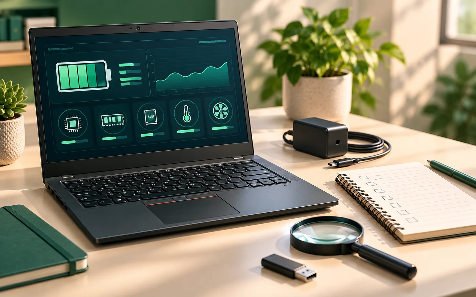 Illustrative business laptop on a desk with an inspection checklist, charger and magnifying glass