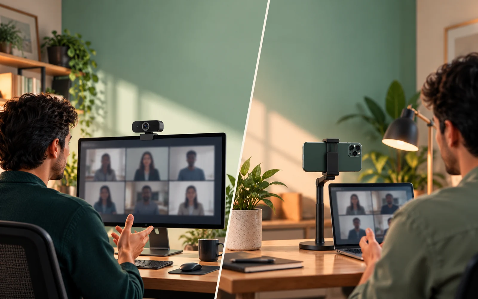 Editorial illustration comparing a monitor-mounted USB webcam on one desk with a smartphone mounted as a webcam beside a laptop