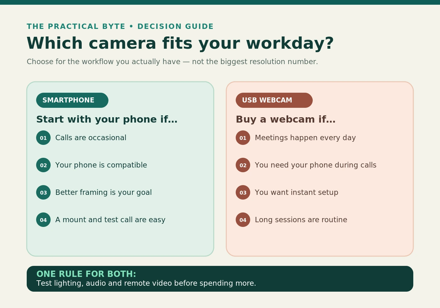 Decision guide: a smartphone suits occasional calls and flexible placement, while a USB webcam suits frequent calls, instant setup, and long sessions