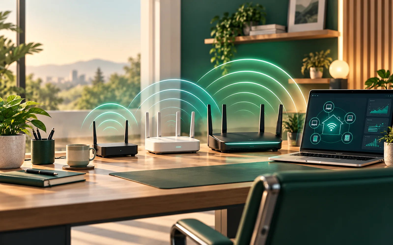 Modern home office with a laptop and three wireless routers representing successive Wi-Fi generations